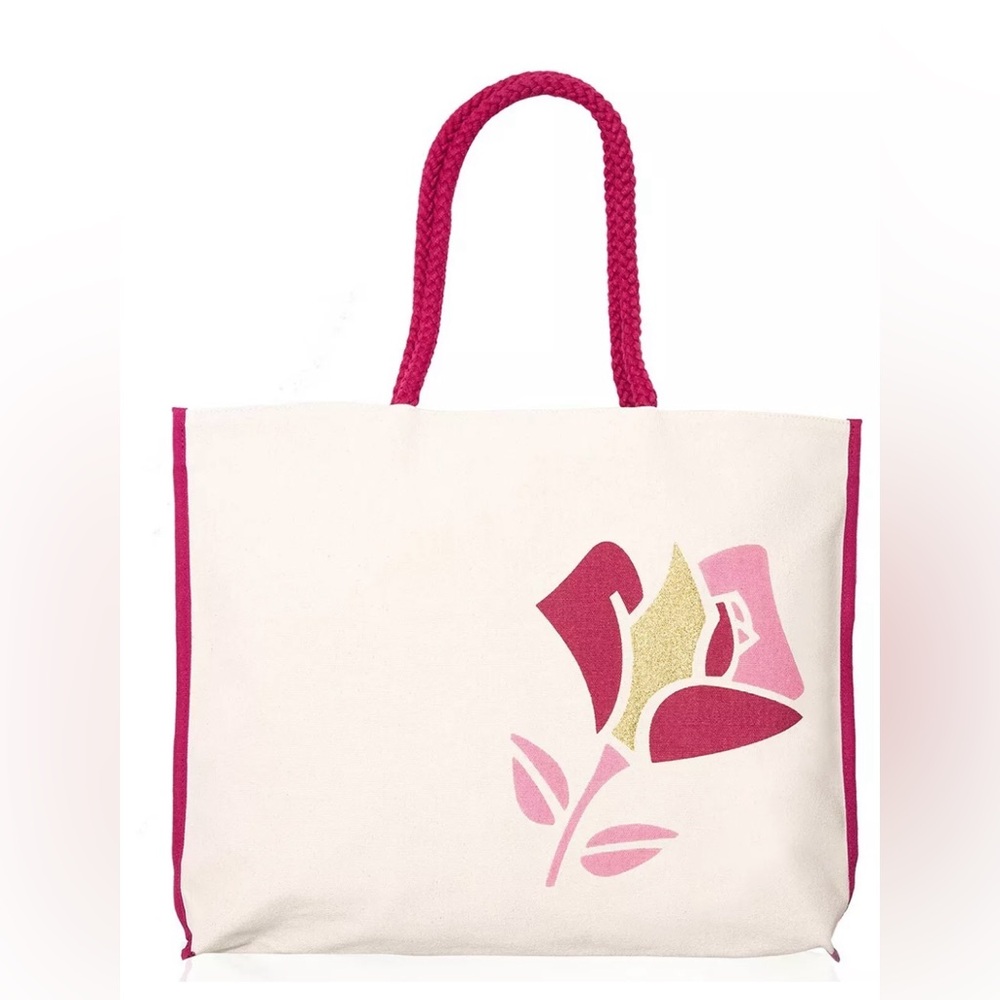 🛍️ 3/$15 Lancôme Large Beach Canvas Tote New in Package Pink Gold Floral
